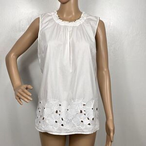 Talbots White Cotton Eyelet Floral Pattern Tie Neck Top Blouse Size M